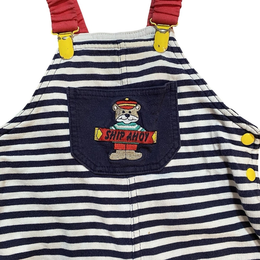 Vintage Gymboree Rainbow Tag Baby Nautical Stripe Ship Ahoy Overalls 6-12 Months - Picture 3 of 7